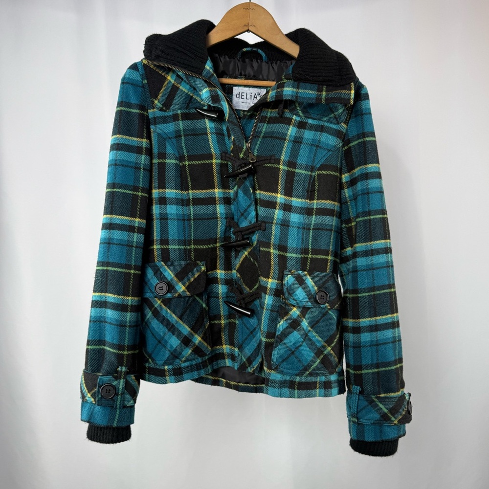 Y2k dELiA*s Wool Blend Plaid Utility Jacket in Blue Black Size Extra Small